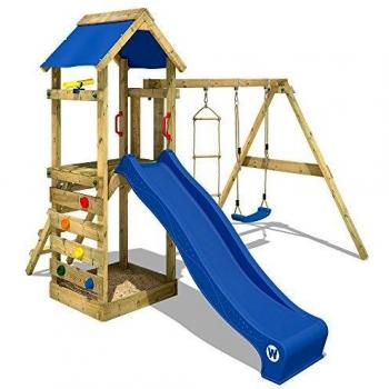 Parque infantil de madera FreeFlyer con columpio, tobogán, torre de escalada, arenero y escalera para niños - azul