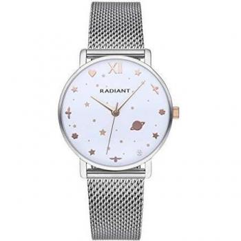 Reloj analógico para Mujer de Radiant. Colección Milky Way. Reloj Plateado con Malla milanesa y Esfera Blanca con Detalles en Oro Rosa. 3ATM. 36mm. Referencia RA545203.
