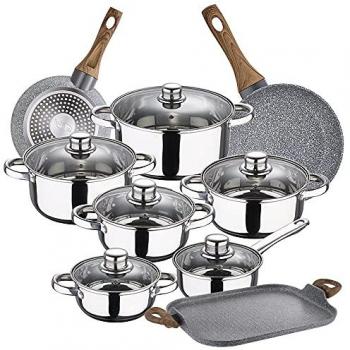 Batería de Cocina 12 Piezas San Ignacio Cassel en Acero Inoxidable con Sartenes (18/26 cm) y Grill (35,5x28,3 cm)