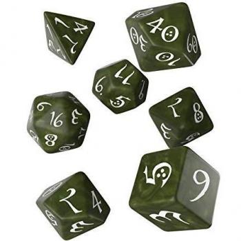 Q Workshop Classic Olive & White RPG Ornamented Dice Set 7 polyhedral Pieces