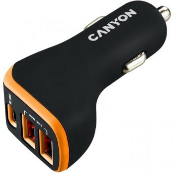 Canyon CNR-C08 Car Charger USB-C + 2xUSB 18W Black/Orange for Digital Camera, GPS, MP3, MP4, Mobile Phone, PDA, Portable Gaming Console, Smartphone