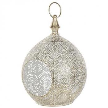 Farol de Metal Dorado 33 cm con Portavelas de Cristal Calado Estilo Oriental Boho