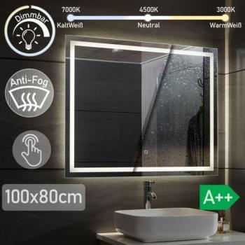 Espejo de Baño LED Aquamarin Nova - 100 x 80 cm, Antivaho, Regulable, Clase de Eficiencia Energética A++, Ahorro de Energía, Función de Memoria