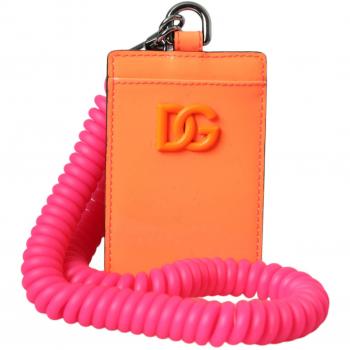 Dolce & Gabbana Orange Pink Leather DG Logo Neck Strap Card Holder Wallet