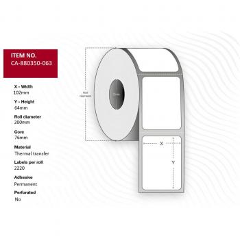 Etiqueta de impresora Capture CA-880350-063, 102 x 64 mm, núcleo de 76 mm, transferencia térmica, poliéster, permanente, sin perforación, rollo de 2220 etiquetas, caja con