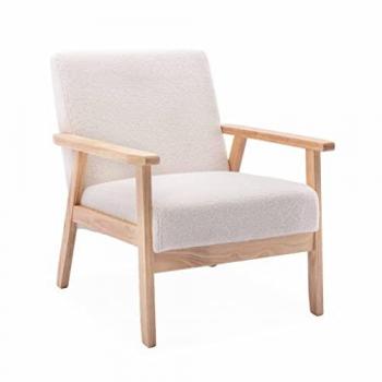 Sillón escandinavo de borreguito y madera de hevea, modelo Isak, color borreguito blanco, dimensiones 64x69.5x73 cm
