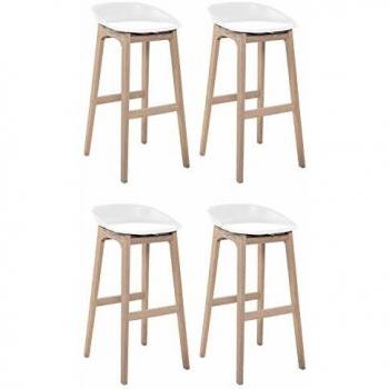 Conjunto de Taburetes de Bar Riva 65cm, Madera con Asiento Plástico Blanco - Pack de 4 Unidades