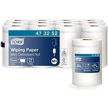 Tork 473252 Papel de secado multiuso Advanced de 1 capa compatible con el sistema de alimentación central pequeño M1, cilindro de cartón sacable, blanco, 12 rollos x 120m