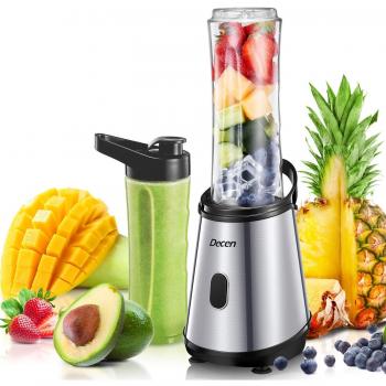 Mini Batidora, Decen Batidora de Vaso, 2 Botellas Tritan sin BPA, Base del Motor de Acero Inoxidable, 300W, Cuchillas Revestidas de Titanio - Plata