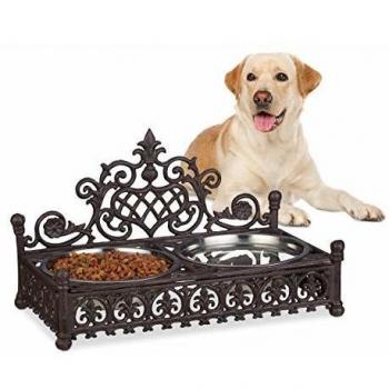 Comedero Doble para Perro o Gato de Acero Inoxidable, 1L, Diseño Antiguo, Marrón, 27 x 45 x 24,5 cm