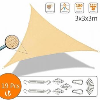 Toldo Vela Triangular de Sombra HDPE 3x3x3 m con Kit de Montaje, Color Marfil