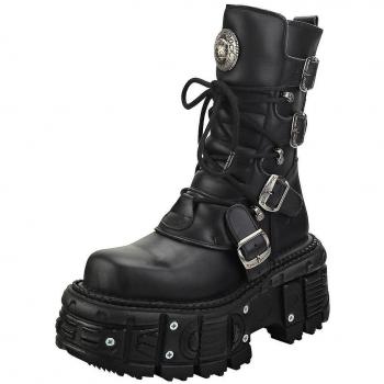 New Rock Unisex Black Leather Platform Combat Boots - Size EU 42