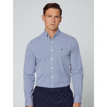 Hackett - Camisa Slim Fit de Hombre con Estampado Gingham en Blanco y Azul Marino