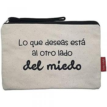 Bolso Neceser Hello-Bags de Algodón 100% con Cremallera y Forro Interior, Modelo LOQUEDESEAS, Color Crudo/Negro, 23x15.5 cm