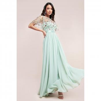Goddiva Embroidered Top Flutter Sleeve Maxi - Sage Green