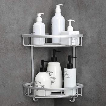 Gricol Estante para Esquinas de Ducha Sin Taladrar Aluminio Estanteria para Ducha Antioxidante con Pegatinas Estantería Baño con Ganchos para Baño 2 Niveles