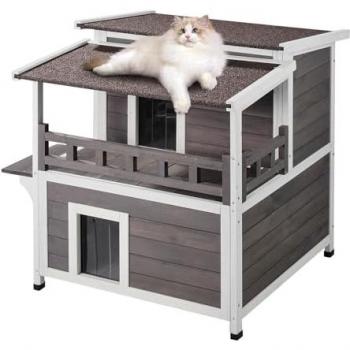 Vevor Weatherproof Outdoor Cat House - 2-Story Wooden Shelter for Multiple Feral Cats with Balcony and PVC Doors