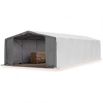 Carpa industrial TOOLPORT 8x12 m, altura lateral de 3 m, con puerta con cremallera, fabricada en lona ignífuga PRIMEtex PVC 2300 N, 100% impermeable, color gris