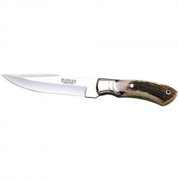 Electropolis Cuchillo de Monte Enterizo Joker, con cachas asta de Ciervo, Hoja Curva de 15 cm, virola INOX, con Funda de Cuero, CC03 + Tarjeta Multiusos de Regalo