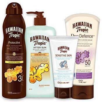 Hawaiian Tropic PACK Piel Clara - Kit con Aceite Bronceador Bruma SPF 30 + Crema Protectora DUO Defence SPF 50 + Loción Solar Piel Sensible SPF 50 + After Sun Ultra Radiance