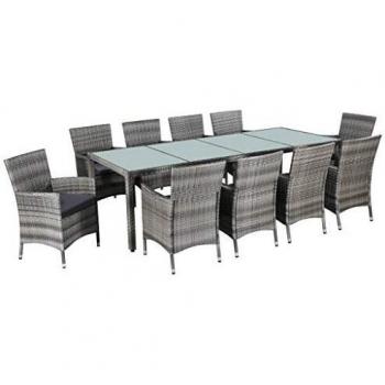 11-Piece Grey Poly Rattan Outdoor Dining Set with Cushions