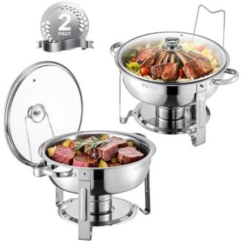 VEVOR Round Stainless Steel Chafing Dish Set, 2pcs 4.7L with Glass Lid and Water Pan for Buffet Catering