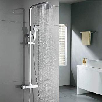 Auralum Columna de Ducha Termostatica, Sistema de Ducha con Termostato Ajustable en altura 85-120 CM, Conjuntos de Ducha de Pared 25 * 25 CM Cabezal de Ducha con Ducha de Mano
