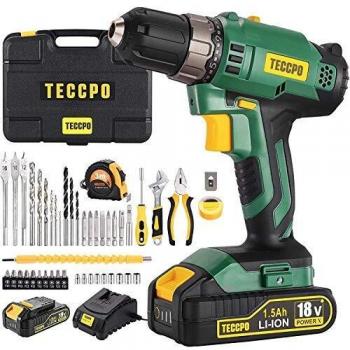Taladro Batería, TECCPO Taladro Atornillador 18V, 2 Velocidad Ajustable Destornillador Eléctrico avanzado, 2X 1.5Ah Baterías, Cargador, 21+1 Ajuste de Par, 45Pcs Accesorios, Caja Compacta-BHD160D