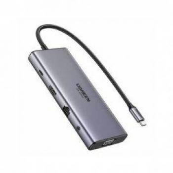 Hub Ugreen 11 en 1 USB-C con HDMI, VGA, 3xUSB-C, 2xUSB-A, RJ45, SD/TF y salida de audio de 3.5mm en Gris