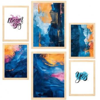 Set de 6 Cuadros Abstractos en Colores Azul, Dorado y Turquesa para Decoración de Paredes del Hogar - Ilustraciones Diseño A3 y A4 Sin Marco