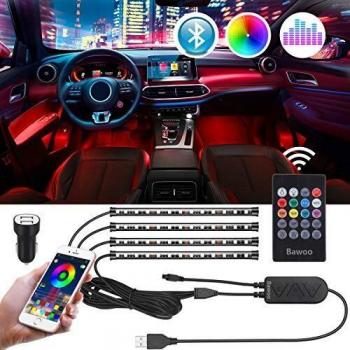 Tira LED Coche Interior Bluetooth USB Bawoo 4pcs 48 LED Tiras de Luces App Control Remoto Voz Impermeable Iluminación LED Tira Coche Música Luces Tiras TV Decoración DIY Modos Multicolor con Cargador