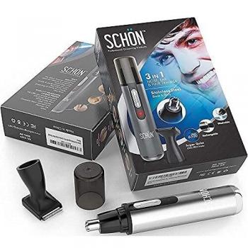 Cortapelos para nariz, cejas y rostro 3 en 1 de acero inoxidable SCHON. Recargable con bolsa de transporte blanda incluida