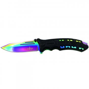 Navaja Third Delta K2797W con mango de aluminio negro y hoja de acero 420 de 10.5 cm, bañada en titanio rainbow con clip y funda incluidos