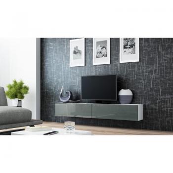 Cama RTV Vigo 180 cm con baldas para TV y almacenamiento en blanco y gris brillante