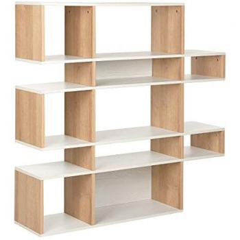 Estantería de 5 niveles en madera clara y MDF blanco con acabado de papel y respaldo abierto