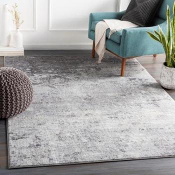 Surya BANGKOK Modern Abstract Short Pile Area Rug, 200x275 cm, Gray and White Marble Design