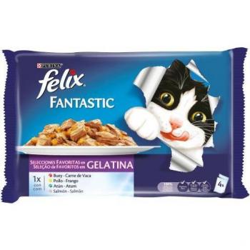 Felix Fantastic Selecciones Favoritas en Gelatina Multipack - Comida Húmeda para Gatos Adultos, 16 Sobres de 85g (Pollo, Salmón, Atún y Buey)