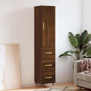 Aparador alto de madera contrachapada roble marrón 34,5x34x180 cm con 3 cajones, mueble de almacenaje para salón, buffet y armario auxiliar