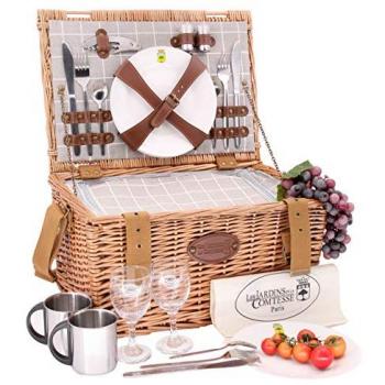 Cesta de Picnic de Mimbre Concorde para 2 Personas con Nevera Isotérmica y Utensilios - Gris y Blanco, 42 x 30 x 23 cm