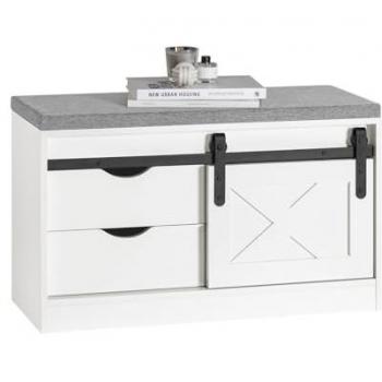 Banco Zapatero Multifuncional SoBuy FSR153-W con Puerta Corrediza de Granero, Armario de Asiento para Entrada, 2 Estantes y 2 Cajones, Color Blanco, Dimensiones: 80 x