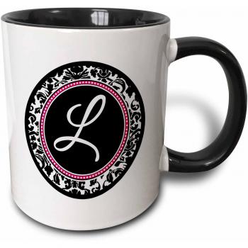 Mensuk Letter L stylish monogrammed circle - girly personal initial personalized black damask with hot pink - Two Tone Black Mug, 11oz