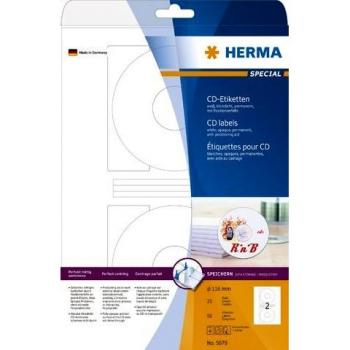 Etiquetas para CD/DVD HERMA 5079, diámetro 116 mm, papel blanco opaco, paquete de 50 etiquetas en 25 hojas