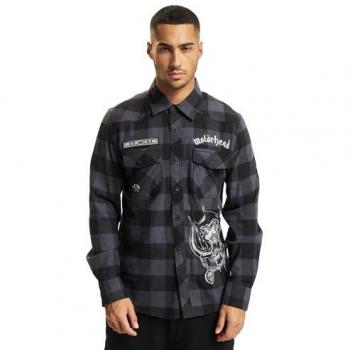 Motörhead Brandit Long Sleeve Checkshirt for Men - Black/Grey - Sizes XL to 5XL