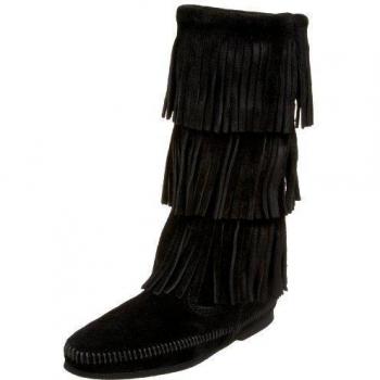 Minnetonka Women's 3-Layer Fringe Boot Black Suede 8 M