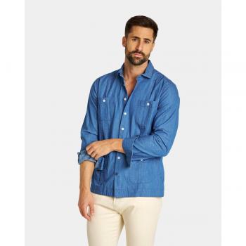 CAMISA CUBANA DENIM REGULAR DE HOMBRE LISO AZUL
