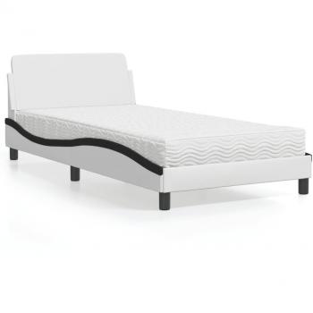 Cama con colchón de cuero sintético blanco y negro 100x200 cm