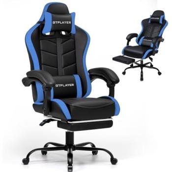 Silla Gaming Ergonómica con Reposapiés, Apoyo Lumbar y Cabezal Ajustable, Capacidad 150 kg, Color Azul