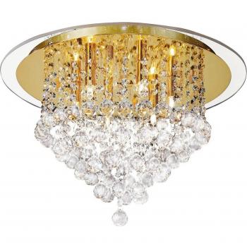 Plafón Atla 6 Bombillas Oro/Cristal, tipo de producto: plafón de techo, características: acabado en oro francés, incluye 6 luces, material de cristal