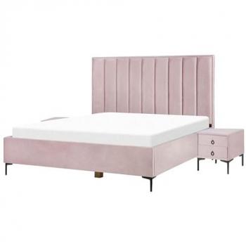 Conjunto de dormitorio moderno en terciopelo rosa 180 x 200 cm con cama tapizada y 2 mesitas de noche con almacenamiento
