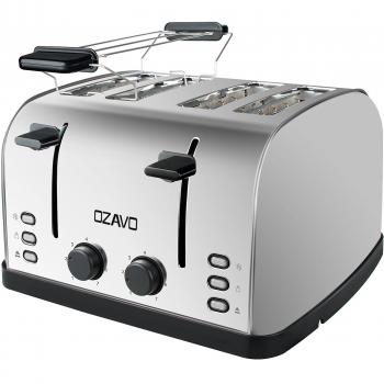 OZAVO Tostadora 4 Ranuras, Tostadora para Tostada Pan de Acero Inoxidable Automática 4 Discos, con Bandeja Extraíble, Soporte para Calentar Pan Descongelar, 7 Niveles de Tostado, 1250-1500W